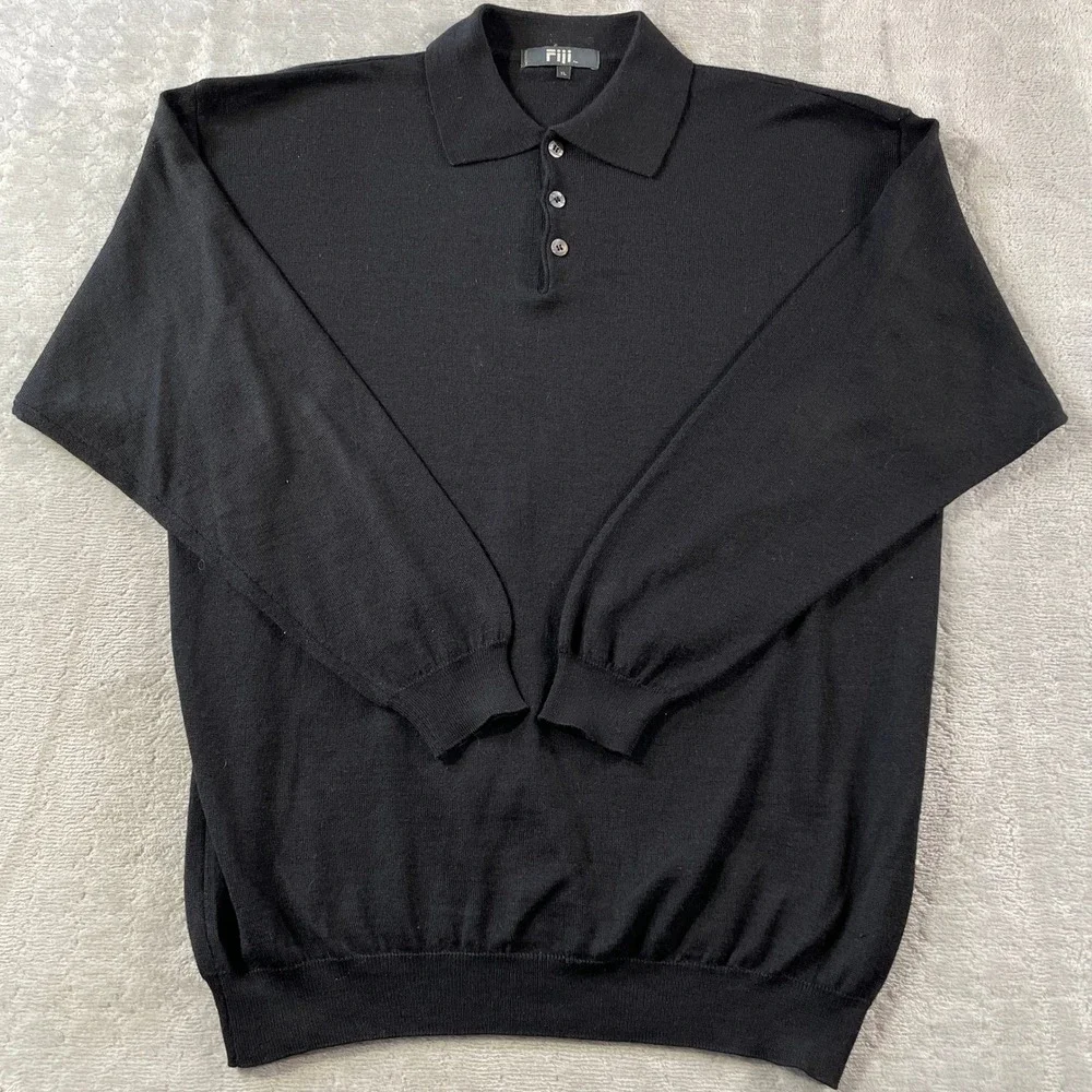 Fiji Sweater Polo Mens XL Black Long Sleeve Italy Knit Collared Office Preppy - Picture 1 of 9
